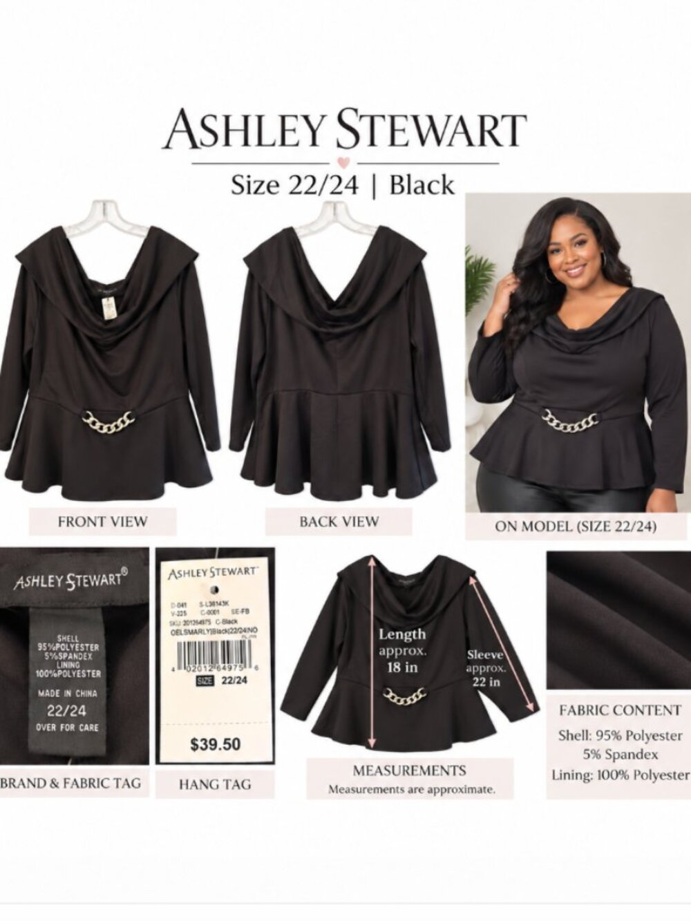 NWT Ashley Stewart Cowl Neck Peplum Top Size 22/24 Black Chain Accent Blouse